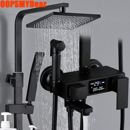 LED Digital Shower System Bathroom Smart Thermostatic Shower Set Square Head SPA Rainfall Bath Faucet Hot Cold Mixer Black Grifo
