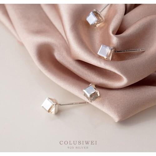 Colusiwei 100% 925 Sterling Silver Elegant Champagne Crystal Geometric Square Stud Earrings for Women Sterling Silver Jewelry