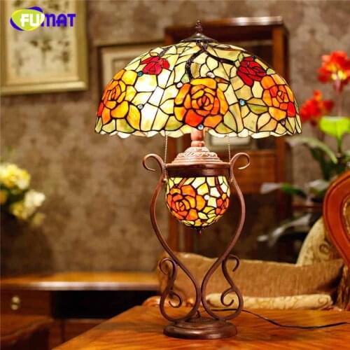 FUMAT Stained Glass Table Lamp Art Glass Rose Oval Shade Table Lamp Living Room European Creative Bedside Lamp LED Table Lights