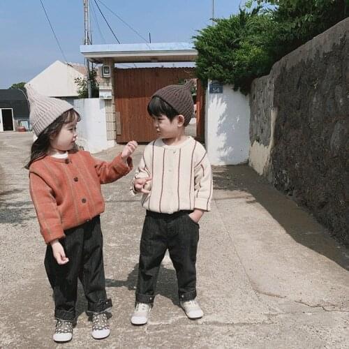 Childrens sweater 2019 autumn new baby round neck knitted cardigan boys and girls Korean vertical striped sweater cardigan