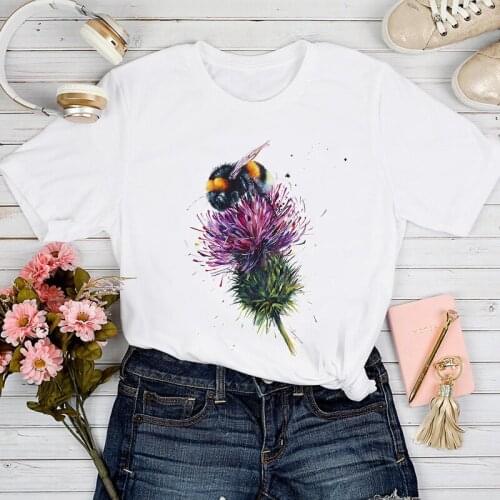T-shirts Women Floral Bee Flower Spring Summer Clothing Aesthetic Tshirt Top Lady Stylish Sweet Print Clothes Tee T-Shirt