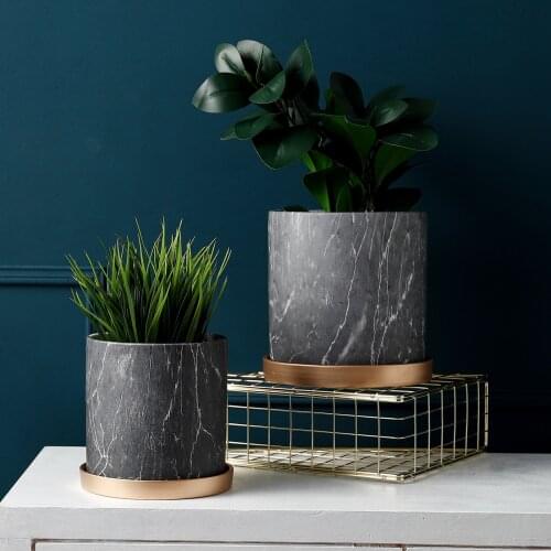 Black Marble Texture Flower Pots Planters Ceramic Vase Garden Pots Pen Holder Dest Top Decor