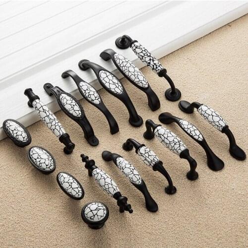 JD Black Emboss Wardrobe Door Handles Marble Ceramic Cabinet Handles Drawer Knobs American Style Furniture Hardware Pulls