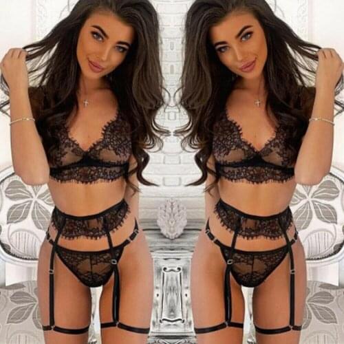 3Pcs Set Womens Sexy Lingerie Bodysuits Sleepwear Transparent Lace Top Bra Ladies Thong Underwear Garter Set Nightwear