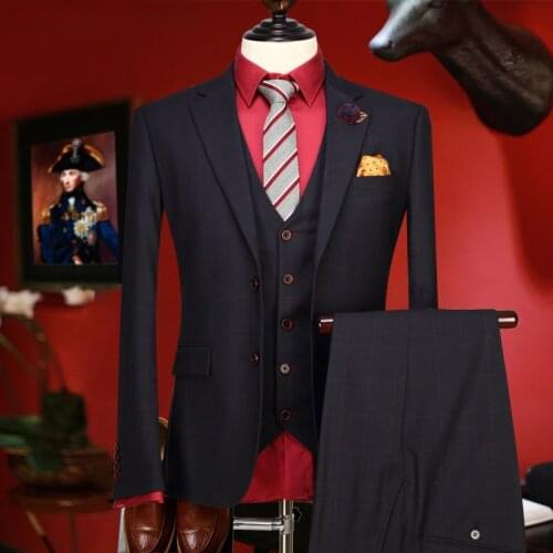 Suit men retro deep blue plaid slim fit wedding suits for men business groom mens suits with pants vests winter warm man suit