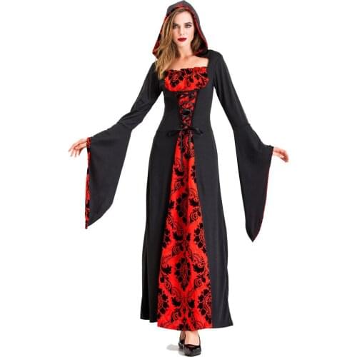 Halloween Witch Costume Cosplay For Adult Black Red Magic Robe Women Dress Carnival Party Suit
