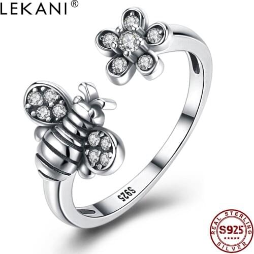 LEKANI Real 925 Sterling Silver Bee Flower Open Adjustable Vintage Rings For Women Romantic Trend With Zirconia Fine Jewelry