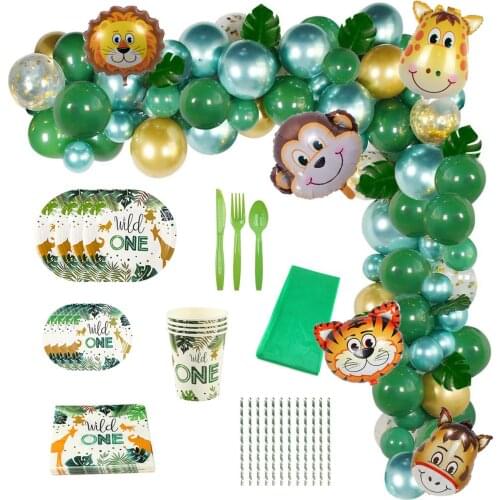 Forest Animal Tableware Jungle Safari Party Plates Cups Balloon Garland Birthday Decoration Wild One 1st Bithday Party Supplies