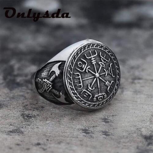 Hip Hop Rock Punk Nordic Mythological Story Viking Compass Silvery Ring Luxury Personality Rings for Men Women OSR539
