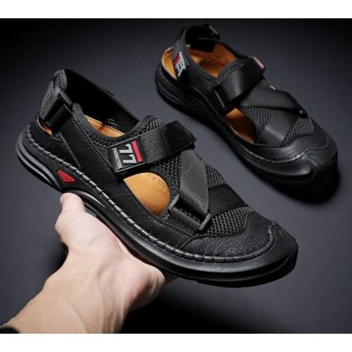 Summer New Soft Breathable Genuine Leather Mesh Patchwork Mens Casual Shoes Non-slip Comfortable Outdoor Male Beach Sandals