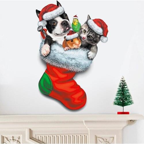 DIY Christmas Day Wall Sticker Christmas Sock Dog Hamster Bedroom Living Room Removable Waterproof Glass Home Decor Wall Sticker