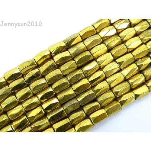 Natural Metallic Gold Hematite Gems stone Faceted Tube Beads 5x8mm for Jewelry Making Crafts 10 Strands/Pack
