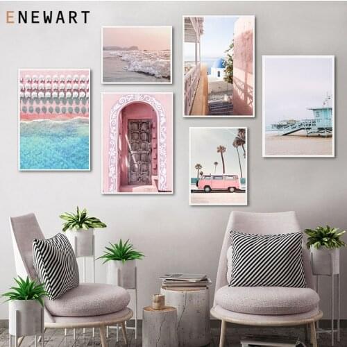 Ocean Landscape Canvas Poster Nordic Beach Pink Bus Old Gate Wall Art Nature Scenery Painting Picture Scandinavian Home Decor
