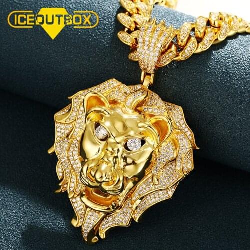 ICEOUTBOX Big Bling Micro Pave Cubic Zircon Lion Head Pendant Necklace For Men Hip Hop Jewelry Personality Luxury Animal Pendant