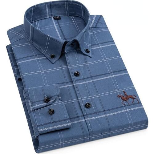 6XL New 100% Cotton Embroidery Slim Fit Shirt Men Longsleeve Shirt for Men Solid Color Plaid Shirt Mens Fashion Clothing Trends