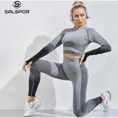 SALSPOR Seamless 2 Piece Set Tracksuit Women Side Stripe Femme Legging Female Long Sleeve Fitness Tops High Waist Push Up Suit