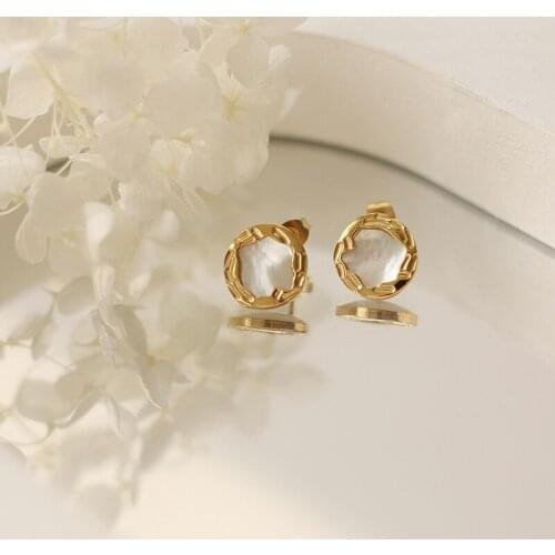 Tranquil Lake meteorite pearl Fritillaria white shell irregular retro European American Korean Earrings titanium steel plating