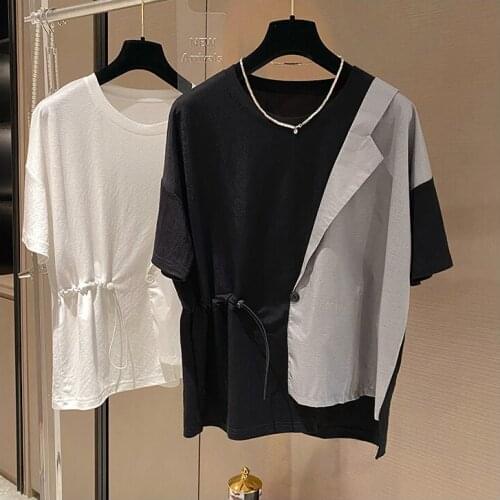 Korean Style Loose Casual Design Blazer Patchwork T-Shirt Womens Drawstring Waist Short Sleeves Tees Oversized Black White Tops