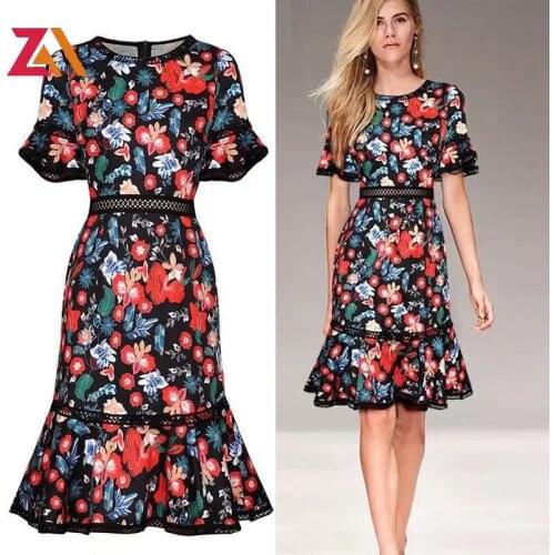 ZALady Summer Fashion Designer Vintage Short Dress Women flare Sleeve Hollow Out Floral Print Party Mini Dresses femme robes