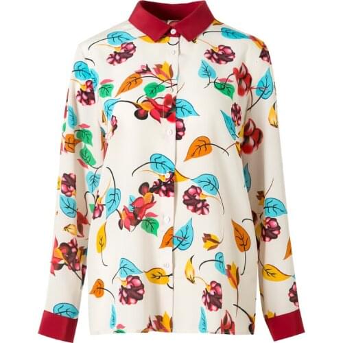Autumn Pure Silk Long-sleeve Print Shirt 100% Mulberry Silk Women Blouse M L XL Free Shipping