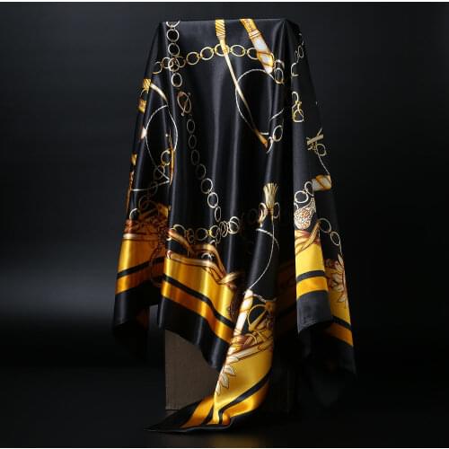 Women Fashion Square Scarf Bandana Black & Gold Print Shawl Hijab Office Party Imitate Silk Satin Kerchief 35"*35"