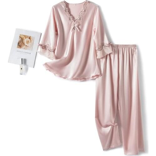 PJS Set Women Pajamas Suit V-Neck Satin Sleepwear Casual 2PCS Shirt&Pants Lace Pyjamas Nightwear Soft Loungewear Home Clothes