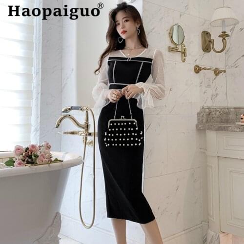 Plus Size Print Polka Dot Dress Women Mesh Patchwork Flare Long Sleeve Midi Women Dress Casual Bodycon Autumn Dress 2019 Elbise