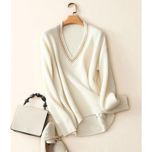 Winter new styles 100% cashmere contrast sweaters women thick warm ribbed knit loose fashion v neck pullovers