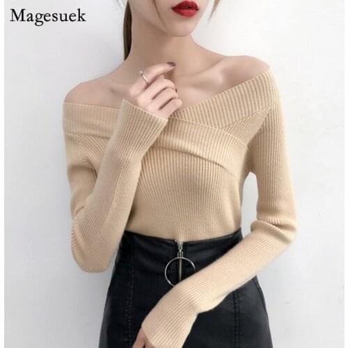 2021 Fashion Off Shoulder Sexy Knitted Sweater Women Long Sleeve Women Sweaters Knitted Jumper Pullover Women Sweater 5285 50
