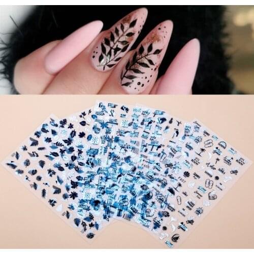 3D Nail Sticker Laser Black And White Letter Maple Leaf Flamingo Nail Art manicure Decoration Stickers For Nails