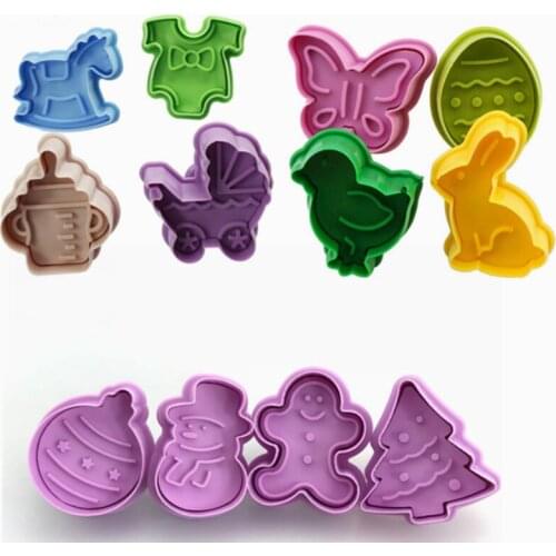 4 Pcs 3D Cookie Cutter Molud Christmas Sugar Craft Fondant Cake Mold Baby Toys Biscuit Stamp Easter Party Decoration Baking Tool