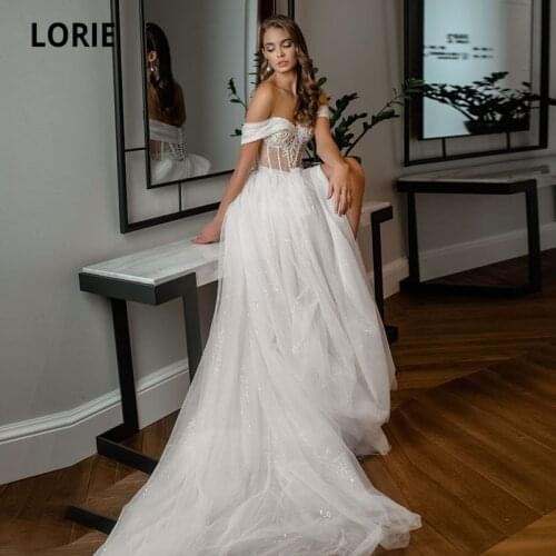 LORIE Glitter Wedding Dresses off the Shoulder Sweetheart Appliques Lace Boho Wedding Gown White Ivory Bridal Gown suknia ślubna