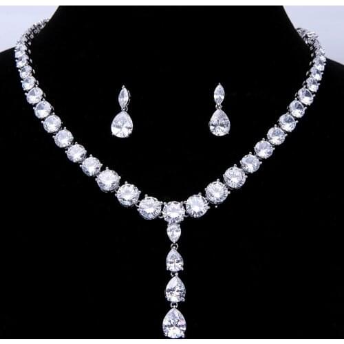 Luxury Brilliant Cubic Zirconia Clear Waterdrop And Cirrus fashion Style Wedding Bridal Earring Necklace jewelry set N0390