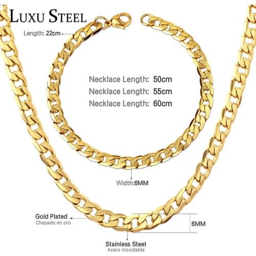 LUXUSTEEL Cuban Link Chain Necklace Bracelets Width 7mm Stainless Steel 20inch/22inch/24inch Chains Jewelry Sets