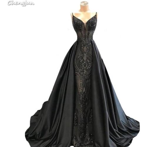 Chengjun Asian Black Long Banquet Spaghetti Strap Pattern Evening Dress