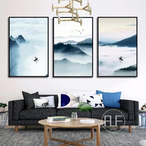 Foggy Mountain Lake Canvas Painting Chinese Style Landscape Art Poster Wall Pictures For Living Room Modern Home Decoration