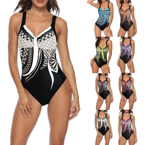 35% Discounts Hot! Vintage Geometric Print Backless Monokini Women Summer Beach One-piece Swimwear