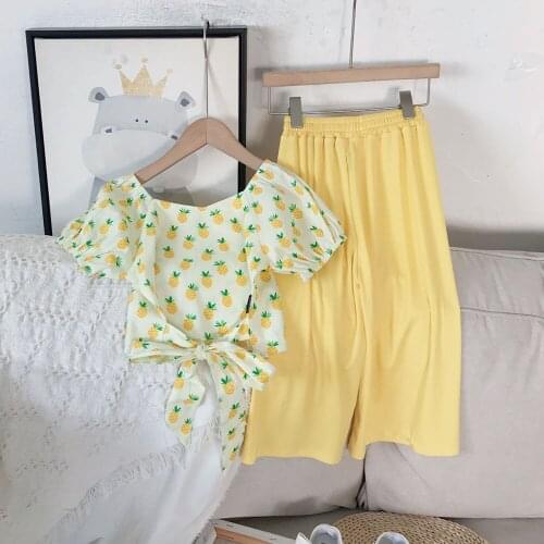 Hollead 2Pcs/Set Childrens Clothing Sets Square Collar T-shirt+Lace-up Wide-leg Pants Girls Costume Puff Sleeve Bow Top Suit