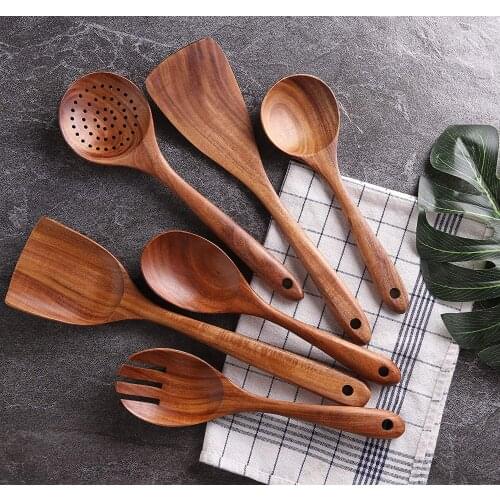 Kitchen Tableware Natural Wood Cooking Utensil Set Non-stick Shovel Wood Spatulas Spoons For Salad Fork Tool Kitchen Tools Set