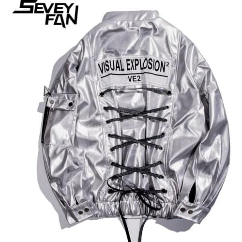 SEVEYFAN Hi Street Functional Printed PU Leather Jackets Mens Shinny Loose Stand Collar Hip Hop Leather Coat Couples