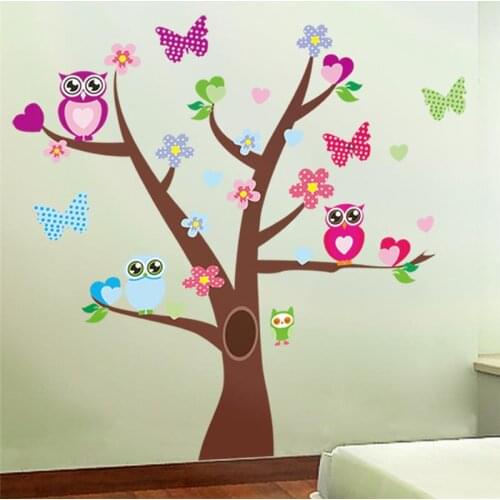 Lovely Owlet Butterfly Floral Tree Wall Stickers For Kids Room Bedroom Decoration Cartoon Animal Mural Art Pvc Poster Home Decal