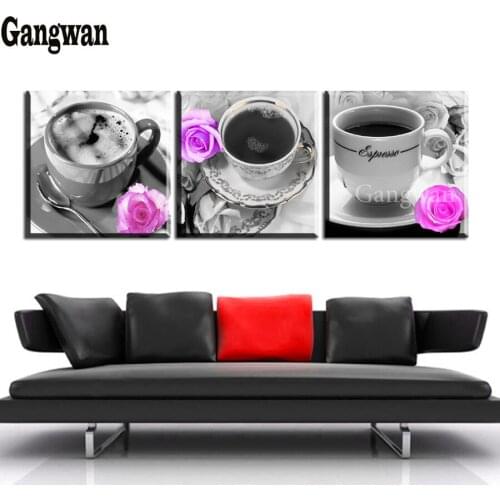 Coffee with flower Diamond Painting Diamond embroidery 3 pcs set 5d diy full diamond mosaic Cafe, restaurant decoration painting