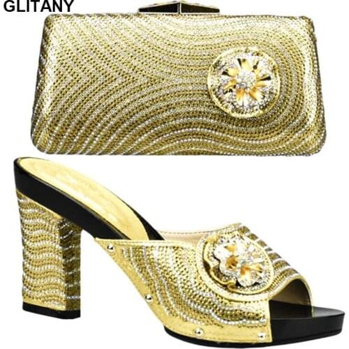 Gold Color Italian Ladies Shoes and Bag Set Decorated with Rhinestone African Shoe and Bag Set Italian Design Italy Shoe and Bag
