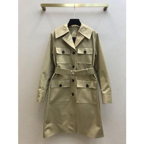 New women high-quality 2021 fashion long-sleeved lapel solid color lace-up mid-length windbreaker jacket 0317