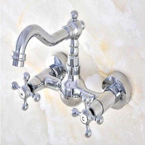 Polished Chrome Brass Wall Mounted Bathroom Kitchen Sink Faucet Swivel Spout Mixer Tap Dual Cross Handles mnf577