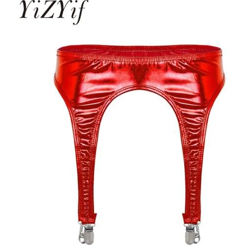YiZYiF Sexy Women Vintage High Waist Garter Belt Shiny Metallic Suspender Belt 4 Straps Garter Belt for Thigh High Stockings