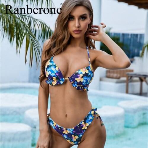 Ranberone Swimwear 2 Piece Sexy Printing Womens Swimsuit Deep V Push Up Bathing Suit Lace Tie Dye Bikini Backless Female Suit
