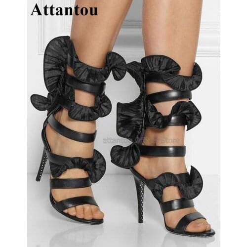 Luxury Silk With Black Leather Ruffles Women High Heel Sandalias Woman Thin High Heel Ankle Strap Sandals Shoes