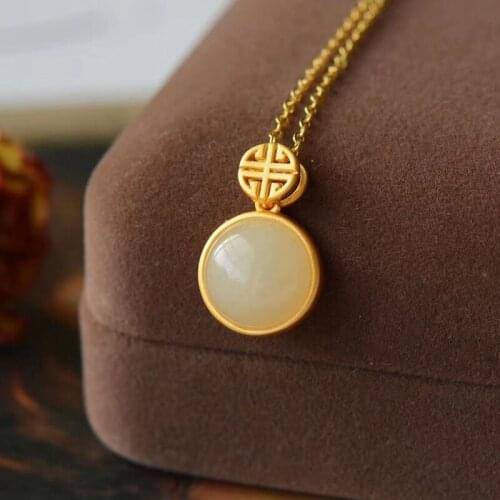 S925 Sterling Silver Inlaid Natural Hetian Jade White Jade Pendant Womens Chain Ruyi Chalcedony Fashion Necklace Pendant