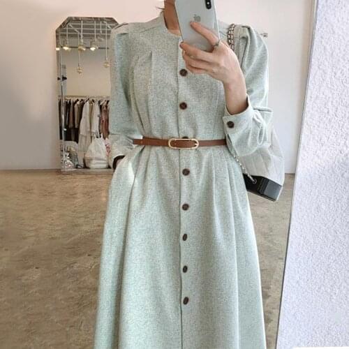 ZCSMLL Korean temperament round neck single-breasted lace-up waist was thin, long-sleeved mid-length dress with belt